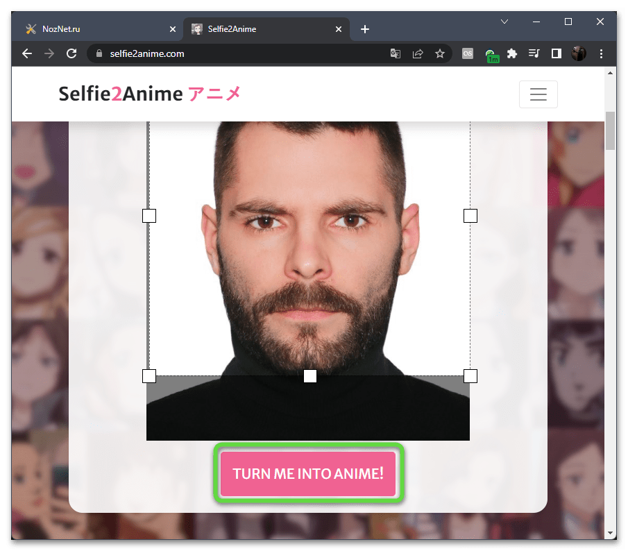 Подтверждение отправки на наложение эффекта для обработки фотографии в стиле аниме через онлайн-сервис Selfie2Anime