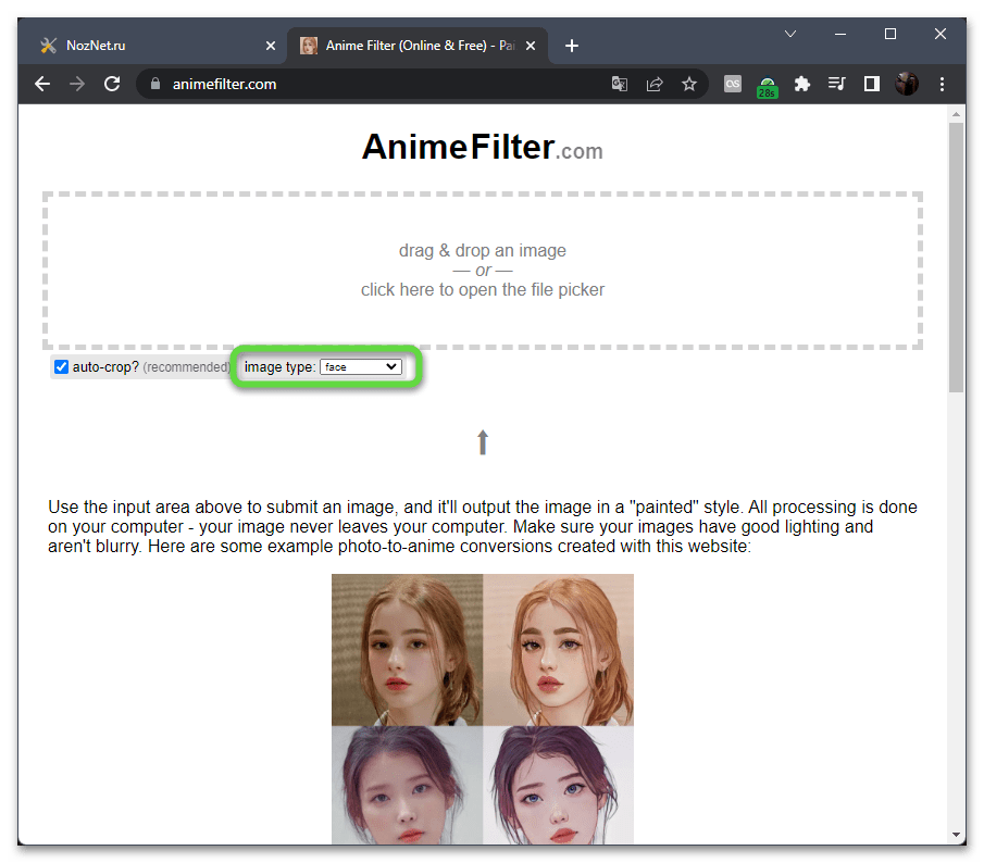 Выбор типа снимка для обработки фотографии в стиле аниме через онлайн-сервис AnimeFilter